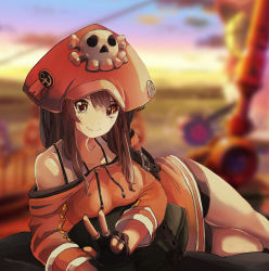 Rule 34 | 1girl, adapted costume, aged up, bag, bare shoulders, bike shorts, black gloves, breasts, brown eyes, brown hair, dress, fingerless gloves, gloves, guilty gear, guilty gear strive, hat, highres, looking at viewer, lying, may (guilty gear), medium breasts, off-shoulder sweater, off shoulder, on side, orange hat, orange shirt, pirate hat, sergio nhur, shirt, skull and crossbones, smile, solo, spaghetti strap, sweater, sweater dress, unworn bag, v