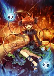 Rule 34 | 1girl, absurdres, animal ears, ankle ribbon, bell, braid, capura lin, cat ears, cat girl, cat tail, chain, collar, fang, female focus, highres, huge filesize, jingle bell, kaenbyou rin, leg ribbon, lava, multiple tails, nail polish, neck bell, red hair, red nails, ribbon, skull, solo, spirit, tail, touhou, twin braids, twintails, wheel
