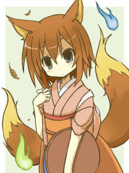 1girl animal_ears blue_eyes blue_fire blush border female_focus fire fox_ears fox_tail green_background green_fire hair_between_eyes hand_on_own_chest hitodama inari japanese_clothes kimono leaf looking_at_viewer multiple_tails obi original red_hair sash senhappyaku short_hair solo tail tasuki tray