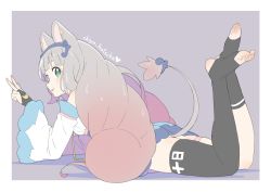 Rule 34 | absurdres, animal ears, bad id, bad twitter id, big hair, black thighhighs, blue skirt, blunt bangs, blush, border, character name, detached sleeves, donguri suzume, fingernails, from side, gradient hair, green eyes, grey background, grey hair, hairband, hatsuka chiyu, hatsuka chiyu channel, highres, long sleeves, looking at viewer, lying, mouse ears, mouse tail, multicolored hair, nail polish, on stomach, parted lips, pink hair, pink nails, simple background, single sock, single thighhigh, skirt, smile, socks, solo, stirrup legwear, tail, thighhighs, toeless legwear, virtual youtuber, w, white border, wide sleeves