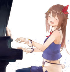 Rule 34 | 1girl, book, brown hair, closed eyes, facing viewer, from side, grand piano, hair ornament, highres, hololive, instrument, kase (kurimuzone oruta), long hair, music, navel, open book, piano, playing instrument, playing piano, rabbit tail, sitting, smile, solo, star (symbol), star hair ornament, tail, tokino sora, tokino sora (1st costume), virtual youtuber, white background, wrist cuffs