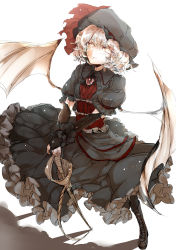 Rule 34 | 1girl, bat wings, boots, brooch, corset, dress, female focus, hat, highres, jewelry, neichiru, remilia scarlet, short hair, silver hair, smile, solo, sword, touhou, weapon, wings, wrist cuffs, yellow eyes