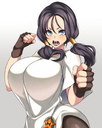 Rule 34 | 1girl, absurdres, alternate breast size, bad id, bad twitter id, badge, black gloves, black hair, blue eyes, breasts, dragon ball, dragonball z, fingerless gloves, gloves, hair between eyes, highres, huge breasts, hz (666v), long hair, looking at viewer, open mouth, shirt, short sleeves, simple background, solo, twintails, videl, white background, white shirt