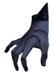 Rule 34 | 1other, addams family, ahneato, hand focus, hat, highres, party hat, party horn, severed hand, simple background, solo, stitched hand, stitches, thing (addams family), wednesday (netflix), white background