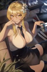 Rule 34 | 1girl, alternate costume, bare shoulders, beer can, between breasts, black necktie, black skirt, black thighhighs, blonde hair, blush, breasts, can, collared shirt, cozyu, drink can, flower, genshin impact, hair flower, hair ornament, highres, holding, holding can, large breasts, lumine (genshin impact), medium hair, necktie, parted lips, shirt, shirt tucked in, sidelocks, sitting, skirt, sleeveless, smile, solo, thighhighs, yellow eyes