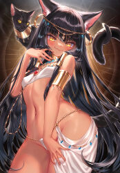 Rule 34 | 1girl, animal ear fluff, animal ears, ankh, armlet, bare shoulders, bastet (mythology), black cat, black hair, blush, breasts, brooch, cat, cat ears, cat tail, closed mouth, commentary request, covered erect nipples, dark-skinned female, dark skin, earrings, egyptian, egyptian mythology, fang, highres, jewelry, komiya nigi, long hair, looking at viewer, navel, original, slit pupils, small breasts, smile, solo, standing, stomach, tail, usekh collar, very long hair