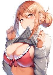 Rule 34 | 1girl, absurdres, beige sweater, belko, bikini, blush, breasts, cleavage, closed mouth, clothes in mouth, clothes lift, frilled bikini, frills, front-tie top, hair bun, highres, large breasts, long hair, looking at viewer, mature female, mouth hold, orange eyes, orange hair, red bikini, shirt in mouth, single hair bun, smile, solo, sweater, sweater lift, swimsuit, turtleneck, turtleneck sweater, upper body, yahari ore no seishun lovecome wa machigatteiru., yuigahama yui&#039;s mother