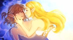 Rule 34 | 1boy, 1girl, back, bare arms, bare shoulders, blonde hair, breasts, brown hair, closed eyes, couple, dress, earrings, elf, girl on top, gown, green eyes, half-closed eyes, hetero, highres, imminent kiss, jewelry, link, lips, long hair, looking at another, medium breasts, nintendo, no shirt, pectorals, pointy ears, ponytail, princess zelda, saintseby, short hair, signature, straight hair, strapless, strapless dress, the legend of zelda, the legend of zelda: breath of the wild, topless, topless male, water, wet, white dress