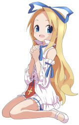 Rule 34 | 1girl, :d, bare legs, blonde hair, blue eyes, blue ribbon, copyright request, cross print, detached sleeves, disgaea, dress, flonne, forehead, frilled sleeves, frills, hair ribbon, highres, knees together feet apart, long hair, long sleeves, looking at viewer, makai senki disgaea, mary janes, no socks, open mouth, praying, ribbon, shoes, simple background, sitting, smile, solo, tareme, very long hair, wariza, white background, white dress, white footwear, yamamoto souichirou