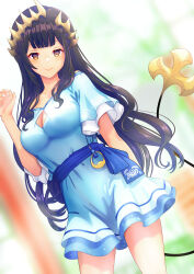 Rule 34 | 1girl, absurdres, arm behind back, black hair, blue dress, blue sash, blunt bangs, blurry, blurry background, blush, breasts, brown eyes, cleavage, cleavage cutout, closed mouth, clothing cutout, commentary request, demon girl, demon tail, dress, dutch angle, feet out of frame, hand up, highres, konekoneko (konekopi), large breasts, long hair, looking at viewer, medium bangs, nanashi inc., off-shoulder dress, off shoulder, sash, shimamura charlotte, short sleeves, sidelocks, smile, solo, tail, tan, virtual youtuber, wavy hair