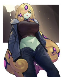 Rule 34 | 1girl, baniran dorosu, black pants, blonde hair, breasts, brown shirt, colored skin, cropped shirt, fur-trimmed jacket, fur trim, green skin, grey jacket, hair over one eye, hands in pockets, highres, jacket, large breasts, long hair, looking at viewer, navel, one eye covered, open clothes, open fly, open jacket, original, pants, shirt, solo, taut clothes, taut shirt, tentacle hair, tongue, tongue out, torn clothes, torn shirt, very long hair, yellow eyes