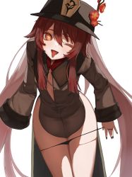 Rule 34 | 1girl, black hat, black nails, black panties, brown hair, brown jacket, commentary request, cowboy shot, fang, flasso, flower, genshin impact, hat, highres, hu tao (genshin impact), jacket, jewelry, long hair, long sleeves, looking at viewer, multiple rings, nail polish, one eye closed, open mouth, panties, panty pull, plum blossoms, pulling own clothes, ring, simple background, skin fang, solo, sweat, symbol-shaped pupils, tongue, tongue out, twintails, underwear, white background