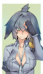 Rule 34 | 10s, 1girl, alternate breast size, between breasts, black gloves, blush, breast pocket, breasts, closed mouth, collarbone, collared shirt, embarrassed, fingerless gloves, gloves, green eyes, grey hair, grey shirt, hair between eyes, hand on own head, hand up, harabacho (gkfkqkch1), kemono friends, large breasts, layered sleeves, long hair, long sleeves, looking at viewer, low ponytail, multicolored hair, necktie, necktie between breasts, nose blush, orange hair, partially unbuttoned, pocket, shirt, shoebill (kemono friends), short over long sleeves, short sleeves, side ponytail, solo