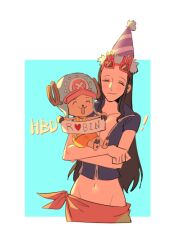 Rule 34 | !, 1boy, 1girl, ^ ^, antlers, black hair, blue background, blush, closed eyes, commentary, eyewear on head, happy anniversary, hat, horns, long hair, nico robin, one piece, raine (acke2445), rectangle, reindeer antlers, shirt, simple background, smile, tony tony chopper, upper body, white background