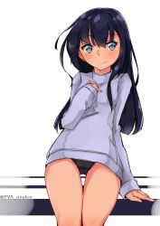 Rule 34 | 1girl, akatsuki (kancolle), alternate costume, arm at side, arm support, black hair, blue eyes, blush, casual, commentary request, cowboy shot, flat chest, hand on own chest, highres, kantai collection, leaning back, looking at viewer, no pants, panties, simple background, smile, solo, sweater, thigh gap, thighs, twitter username, underwear, uut, white background