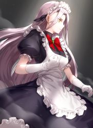 Rule 34 | 1girl, apron, black dress, bow, clenched hand, dress, frilled apron, frilled sleeves, frills, gloves, kfr, long hair, maid, maid apron, maid headdress, original, profile, puffy sleeves, purple hair, short sleeves, solo, very long hair, white gloves, yellow eyes