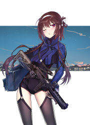 Rule 34 | 1girl, bag, blush, brown hair, cyborg, duffel bag, echj, garter straps, girls&#039; frontline, gun, hairband, highres, long hair, looking at viewer, magpul, mechanical arms, one eye closed, red eyes, single mechanical arm, solo, submachine gun, thighhighs, type 79 (girls&#039; frontline), type 79 smg, weapon