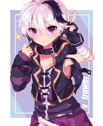 Rule 34 | 1girl, :&lt;, androgynous, arm warmers, armpits, bandages, bandaged arm, bandages, belt collar, black nails, character name, collar, collarbone, commentary, fingerless gloves, flower (vocaloid), gloves, highres, hood, hooded jacket, jacket, light frown, looking at viewer, multicolored hair, nail polish, nanos 0601, navel, purple eyes, purple gloves, purple hair, purple jacket, purple shirt, purple sleeves, purple vest, shirt, single arm warmer, single glove, sleeveless, sleeveless jacket, sparkle, streaked hair, torn clothes, torn shirt, two-tone hair, upper body, v, flower (vocaloid4), vest, vocaloid, white hair