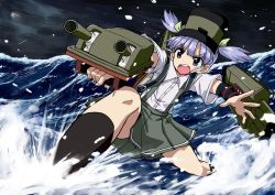 Rule 34 | &gt;:o, 1girl, :o, arm warmers, black socks, commentary, grey skirt, hat, highres, kantai collection, kneehighs, mizumoto tadashi, ooshio (kancolle), pleated skirt, purple hair, shirt, short hair, short sleeves, short twintails, skirt, smokestack, socks, solo, suspenders, turret, twintails, v-shaped eyebrows, white shirt