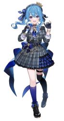 Rule 34 | 1girl, ahoge, asymmetrical hair, belt, beret, black gloves, blue belt, blue bow, blue choker, blue eyes, blue hair, blue nails, blue necktie, blue ribbon, blush, bow, breasts, chiri (ch!), choker, collared shirt, cowboy shot, crown, fingerless gloves, full body, gloves, grey hat, grey jacket, grey skirt, hair between eyes, hair ribbon, hat, highres, holding, holding microphone, hololive, hoshimachi suisei, hoshimachi suisei (1st costume), jacket, light blue hair, looking at viewer, medium hair, microphone, mini crown, nail polish, necktie, open mouth, plaid, plaid headwear, plaid jacket, plaid skirt, pleated skirt, ribbon, shirt, short necktie, side ponytail, simple background, skirt, small breasts, smile, solo, star (symbol), star choker, star in eye, striped ribbon, symbol in eye, virtual youtuber, white background, white shirt, wing collar