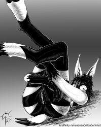 Rule 34 | 1girl, absurdres, animal ears, black hair, breasts, claws, fangs, furry, goat legs, highres, hooves, monochrome, monster girl, neck bell, no nose, one-punch man, pussy, red eyes, sacrificabominat, sharp teeth, tail, teeth