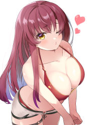 Rule 34 | 1girl, 3:, absurdres, bikini, blue hair, blush, breasts, cleavage, collarbone, colored inner hair, commentary request, empty (mn3k yo), heart, highres, hololive, houshou marine, houshou marine (summer), large breasts, long hair, looking at viewer, multicolored hair, o-ring, o-ring thigh strap, one eye closed, red bikini, red hair, short shorts, shorts, sidelocks, simple background, solo, standing, swimsuit, thigh strap, two-tone hair, virtual youtuber, white background, white shorts, yellow eyes