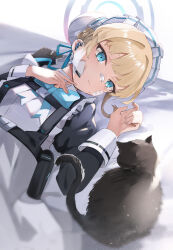 Rule 34 | 1girl, apron, bandaid, bandaid on face, bandaid on nose, bed sheet, black cat, blonde hair, blue archive, blue eyes, bruise, bun cover, cat, chest harness, closed mouth, commentary request, earpiece, expressionless, gauze, halo, harness, highres, injury, long sleeves, lying, maid, maid headdress, nohohon neko, on back, paid reward available, short hair, solo, toki (blue archive), upper body, white apron
