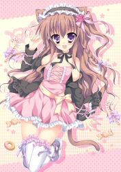 Rule 34 | animal ears, argyle, bad id, bad pixiv id, bare shoulders, braid, brown hair, candy, candy cane, cat ears, cat tail, doughnut, flower, food, frilled thighhighs, frills, hair flower, hair ornament, headdress, herurun, lolita fashion, neck ribbon, open mouth, polka dot, purple eyes, ribbon, solo, tail, thighhighs, white thighhighs