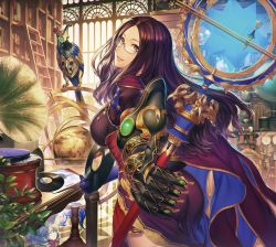 Rule 34 | 1girl, absurdres, ass, bird, blue eyes, book, breasts, dress, fate/grand order, fate (series), glasses, highres, large breasts, leonardo da vinci (fate), looking at viewer, mechanical arms, plant, red dress, simosi, single mechanical arm, staff