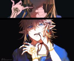 Rule 34 | 1boy, 1girl, black background, blood, blue eyes, earrings, hand on another&#039;s mouth, highres, jewelry, ji yuyun, link, looking at viewer, nintendo, open mouth, pointy ears, princess zelda, simple background, the legend of zelda, triforce