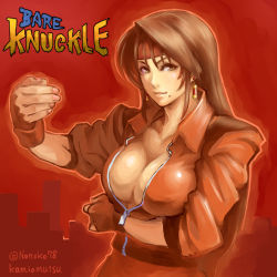 Rule 34 | 1girl, bandana, streets of rage, blaze fielding, breasts, brown eyes, brown hair, copyright name, earrings, fingerless gloves, gloves, jacket, jewelry, kamiomutsu, large breasts, long hair, looking at viewer, martial arts, md5 mismatch, mole, resized, resolution mismatch, sega, signature, twitter username, upscaled
