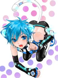 Rule 34 | 1boy, animal ears, ass, blue eyes, blue hair, boots, cat boy, cat ears, cat tail, detached sleeves, full body, headset, kaito (vocaloid), kneeling, male focus, matching hair/eyes, matsumochi, project diva, project diva (series), project diva 2nd, solo, tail, trap, vocaloid