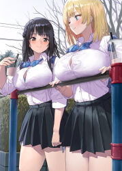 Rule 34 | 2girls, against railing, bare tree, black hair, black skirt, blonde hair, blue bow, blue bowtie, blue eyes, bow, bowtie, breast rest, breasts, brown eyes, button gap, closed mouth, commentary request, cup, disposable cup, drink, drinking straw, kaisen chuui, large breasts, long hair, looking at another, medium hair, miniskirt, multiple girls, original, outdoors, pleated skirt, railing, school uniform, serafuku, shirt, shirt tucked in, skirt, smile, striped bow, striped bowtie, striped clothes, thighs, tree, white shirt