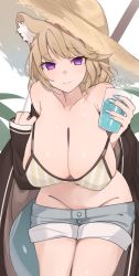 Rule 34 | 1girl, absurdres, animal ear fluff, animal ears, arknights, bare shoulders, bikini, blue nails, blush, breasts, brown hair, brown hat, chunta, cleavage, closed mouth, clothes pull, collarbone, commission, cowboy shot, crazy straw, cup, drink, drinking glass, drinking straw, fingernails, grey shorts, groin, hat, heart straw, highres, holding, holding cup, hug, huge breasts, large breasts, long fingernails, long hair, long sleeves, looking at viewer, nail polish, navel, off shoulder, official alternate costume, open clothes, purple eyes, shorts, shorts pull, skeb commission, smile, solo, strap slip, straw hat, striped bikini, striped clothes, swimsuit, tail, utage (arknights), utage (summer flowers) (arknights), vertical-striped bikini, vertical-striped clothes, yellow bikini
