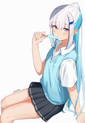 Rule 34 | 1girl, absurdres, black skirt, blue hair, blue vest, blush, collared shirt, commentary, eating, eyelashes, feet out of frame, flat chest, food, grey background, hair ornament, half updo, highres, holding, holding food, huge filesize, legs together, light blue hair, lize helesta, long hair, looking at viewer, miniskirt, multicolored hair, nijisanji, pleated skirt, ponytail, popsicle, purple eyes, rinfamm, shirt, short sleeves, silver hair, simple background, sitting, skirt, solo, streaked hair, sweat, sweatdrop, thighs, twitter username, vest, virtual youtuber, white shirt, wing collar