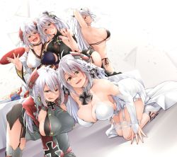 Rule 34 | 5girls, :p, all fours, antenna hair, armpits, arms behind head, azur lane, bikini, black bikini, black choker, black dress, black garter straps, blush, breasts, bridal gauntlets, bridal veil, choker, clothing cutout, cross, cup, dress, drunk, female focus, from side, garter straps, gloves, grey gloves, grin, harem, headgear, highres, iron cross, japanese clothes, kimono, large breasts, long hair, looking at viewer, mole, mole on breast, multicolored clothes, multicolored hair, multicolored kimono, multiple girls, multiple persona, official alternate costume, open mouth, oriue wato, prinz eugen (azur lane), prinz eugen (cordial cornflower) (azur lane), prinz eugen (profusion of flowers) (azur lane), prinz eugen (symphonic fate) (azur lane), prinz eugen (unfading smile) (azur lane), red hair, sakazuki, see-through, shoulder cutout, side-tie bikini bottom, sideboob, silver hair, simple background, sleeveless, sleeveless dress, smile, streaked hair, swimsuit, tongue, tongue out, two-tone hair, underboob, v arms, veil, wedding dress, white background, white dress, yellow eyes