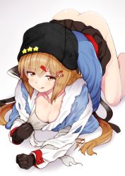 Rule 34 | 1girl, artist name, ass, belt, black gloves, black hat, black skirt, blue shawl, blush, boots, breasts, brown eyes, brown hair, butt crack, cleavage, collarbone, fur hat, gloves, hair ornament, hairclip, hat, kantai collection, light blush, long hair, long sleeves, looking at viewer, medium breasts, no panties, papakha, scarf, shawl, skirt, solo, tashkent (kancolle), tongue, tongue out, torn clothes, torn scarf, twintails, unworn boots, unworn legwear, yamasaki wataru
