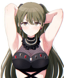 Rule 34 | 1girl, arimon (dfrgty12), armpits, arms up, blush, breasts, cleavage, cross-laced clothes, earrings, full-face blush, gem, green eyes, green hair, highres, idolmaster, idolmaster shiny colors, jewelry, long hair, looking at viewer, medium breasts, nanakusa nichika, see-through, shirt, simple background, sleeveless, sleeveless shirt, solo, straight hair, upper body, very long hair, white background