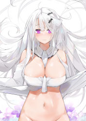 Rule 34 | 1girl, absurdres, between breasts, breasts, cleavage, closed mouth, dema hmw, groin, hair ornament, hairclip, highres, large breasts, long hair, long sleeves, looking at viewer, original, out-of-frame censoring, purple eyes, solo, white hair, white sleeves