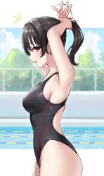Rule 34 | 1girl, black hair, black one-piece swimsuit, brown eyes, commentary request, competition swimsuit, cowboy shot, highleg, highleg swimsuit, highres, holding, holding hair, looking at viewer, medium hair, ncontrail (mgax7527), one-piece swimsuit, original, ponytail, profile, rubber band, solo, swimsuit