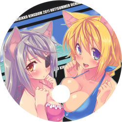 Rule 34 | 10s, 2011, 2girls, animal ears, asymmetrical docking, between breasts, blonde hair, blue eyes, blush, breast press, breast suppress, breasts, cat ears, charlotte dunois, cleavage, comparison, embarrassed, eyepatch, grey hair, hand fan, highres, hole, infinite stratos, kekocha, large breasts, laura bodewig, looking at viewer, multiple girls, non-web source, ocean, paper fan, round image, sexually suggestive, smile, swimsuit, uchiwa, uchiwa (medium), yellow eyes