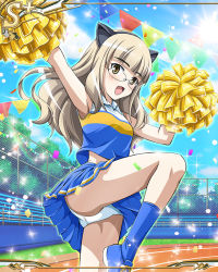 Rule 34 | 1girl, alternate costume, animal ears, aohashi ame, arms up, blonde hair, blue footwear, blue skirt, blue socks, cat ears, cheerleader, collared shirt, confetti, cross-laced footwear, crotch seam, day, fake animal ears, fence, glasses, holding, leg up, long hair, looking at viewer, midriff, miniskirt, multicolored shirt, official art, open mouth, outdoors, panties, pantyshot, perrine h. clostermann, pleated skirt, pom pom (cheerleading), shirt, shoes, skirt, sleeveless, sleeveless shirt, smile, sneakers, socks, solo, sparkle, standing, strike witches, striped clothes, striped skirt, track and field, underwear, white panties, world witches series, yellow eyes