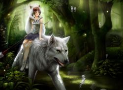 Rule 34 | 1990s (style), 1girl, animal, arms at sides, forest, jewelry, kodama, mononoke hime, nature, necklace, polearm, realistic, retro artstyle, riding, san (mononoke hime), spear, studio ghibli, syncaidia, tooth necklace, weapon, wolf