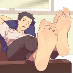 Rule 34 | 1boy, ace attorney, arm behind back, barefoot, black eyes, black hair, brown pants, bubble, couch, facial hair, feet, foot focus, full body, hair slicked back, highres, indoors, kune akiro, lying, on couch, one eye closed, open mouth, pants, phoenix wright, saliva, shirt, short sleeves, white shirt, window