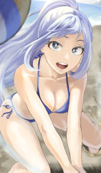 Rule 34 | 1girl, :d, absurdres, alternate costume, alternate hairstyle, ball, beach, bikini, blue bikini, blue eyes, boku no hero academia, breasts, bright pupils, cleavage, day, fengling (furin-jp), hadou nejire, highres, long hair, medium breasts, open mouth, outdoors, ponytail, sand, side-tie bikini bottom, sidelocks, smile, solo, swimsuit, teeth, upper teeth only, v arms, volleyball, volleyball (object), white pupils
