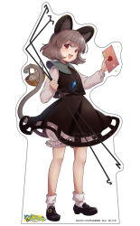 Rule 34 | 1girl, animal, animal ears, black footwear, black skirt, black vest, bloomers, blush, capelet, dowsing rod, full body, grey capelet, grey hair, highres, holding, holding letter, iris anemone, jewelry, letter, long sleeves, mouse (animal), mouse ears, mouse tail, nazrin, open mouth, pendant, red eyes, second-party source, shoes, short hair, simple background, skirt, smile, socks, solo, tail, touhou, underwear, vest, white background, white bloomers, white socks