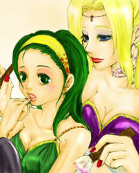 Rule 34 | 1990s (style), 2girls, applying makeup, blonde hair, blue eyes, breasts, cleavage, cosmetics, final fantasy, final fantasy iv, green eyes, green hair, hairband, lipstick, lipstick tube, lowres, makeup, makeup brush, multiple girls, nail polish, rosa farrell, rydia (ff4)
