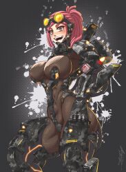 Rule 34 | 1girl, anguriask, armor, blush, bodysuit, boku no hero academia, breasts, crosshair pupils, goggles, goggles on head, hatsume mei, highres, impossible bodysuit, impossible clothes, large breasts, mechanical arms, pink hair, ponytail, power armor, simple background, skin tight, smile, solo, thick thighs, thighs, tube