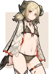 Rule 34 | 1girl, arknights, bikini, black bikini, black choker, blonde hair, breasts, choker, cowboy shot, demon girl, demon horns, demon tail, front-tie bikini top, front-tie top, highres, horns, idashige (walkietalkie), ifrit (arknights), looking at viewer, material growth, midriff, navel, orange eyes, oripathy lesion (arknights), pendant choker, poncho, short hair, short twintails, small breasts, solo, swimsuit, tail, thigh strap, twintails