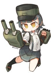 Rule 34 | &gt;:o, 10s, 1girl, :o, arare (kancolle), arm warmers, blush, grey hair, hat, kantai collection, nanatsuta, pleated skirt, school uniform, short hair, skirt, solo, suspenders, twitter username, v-shaped eyebrows, white background, yellow eyes